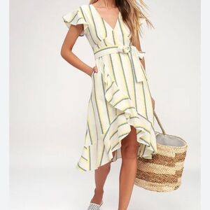 JOA Striped V-Neck Ruffle Dress